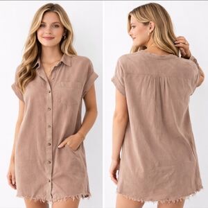 Thread + Supply Taupe Button Front Shirt Dress Raw Hem Utility Chic XS Small